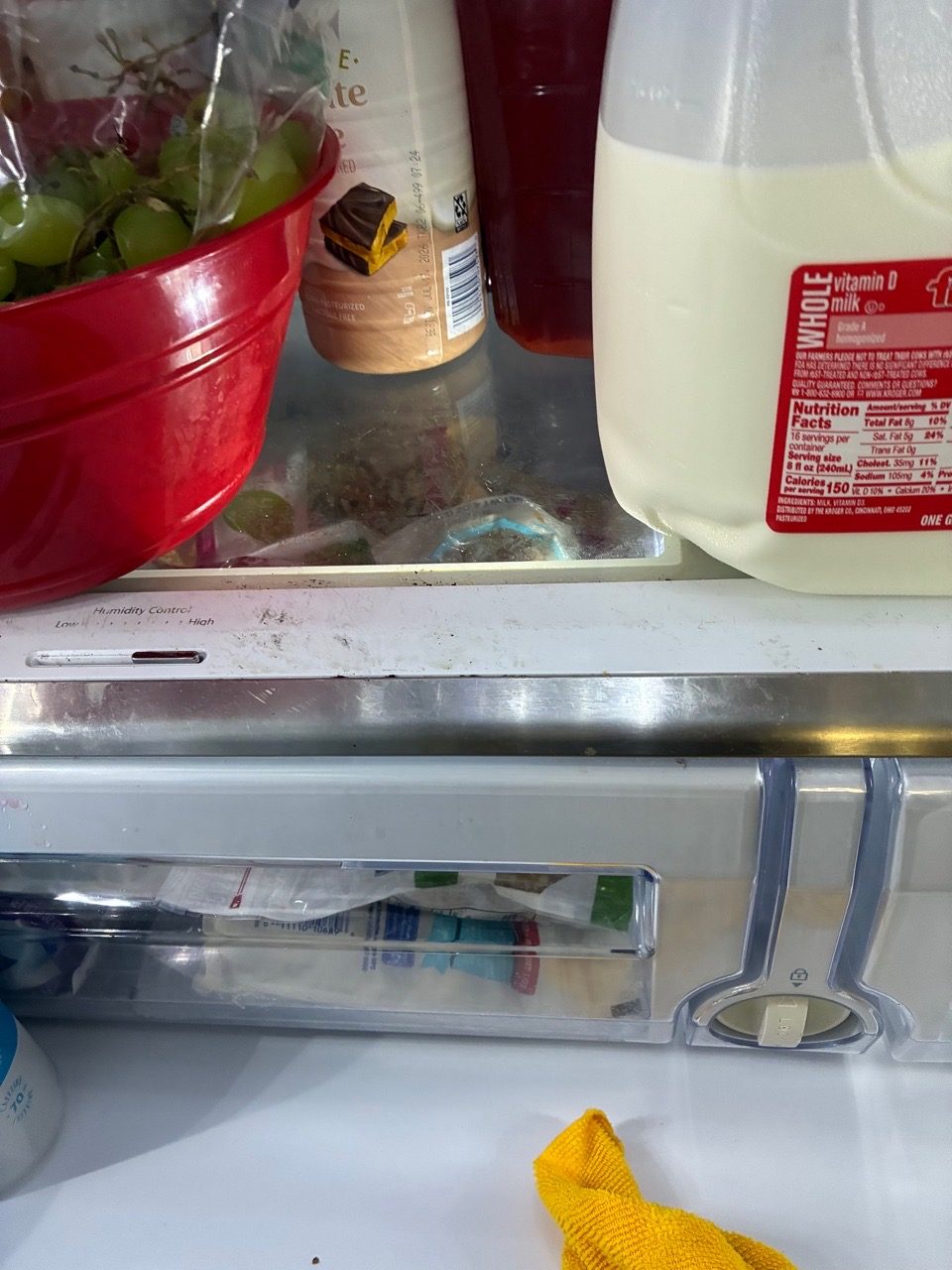 Refrigerator shelf before a deep clean, with food and spills