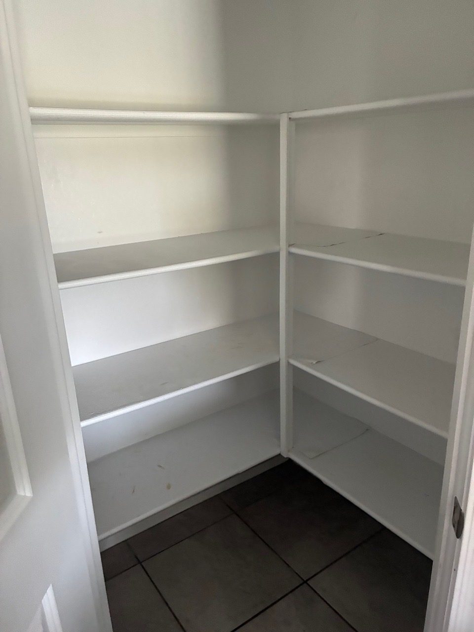 Empty pantry with clean white shelves after a deep clean